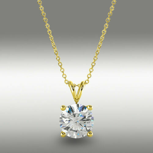 Solitaire Pendant Necklace 2 CT Real Moissanite 14K Yellow Gold Plated Silver