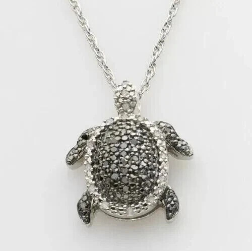 1.50 Ct Lab Created Black Diamond Turtle Pendant Necklace 14K White Gold Plated