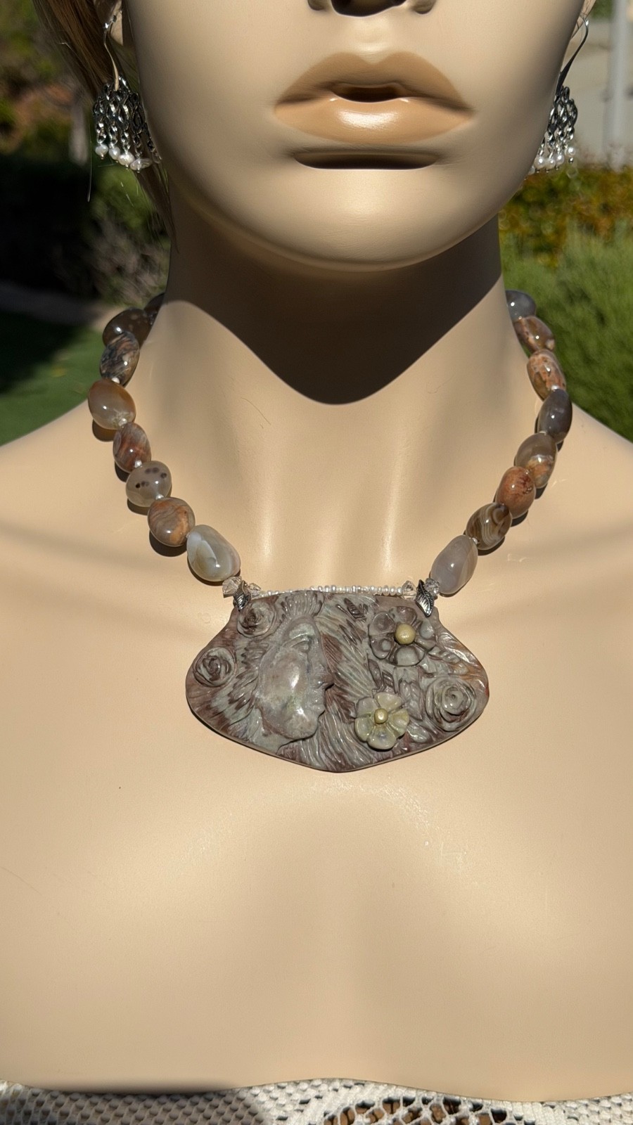 HAND CARVED EARTH MOTHER POLYCHROME JASPER PENDANT NECKLACE AND EARRING SET