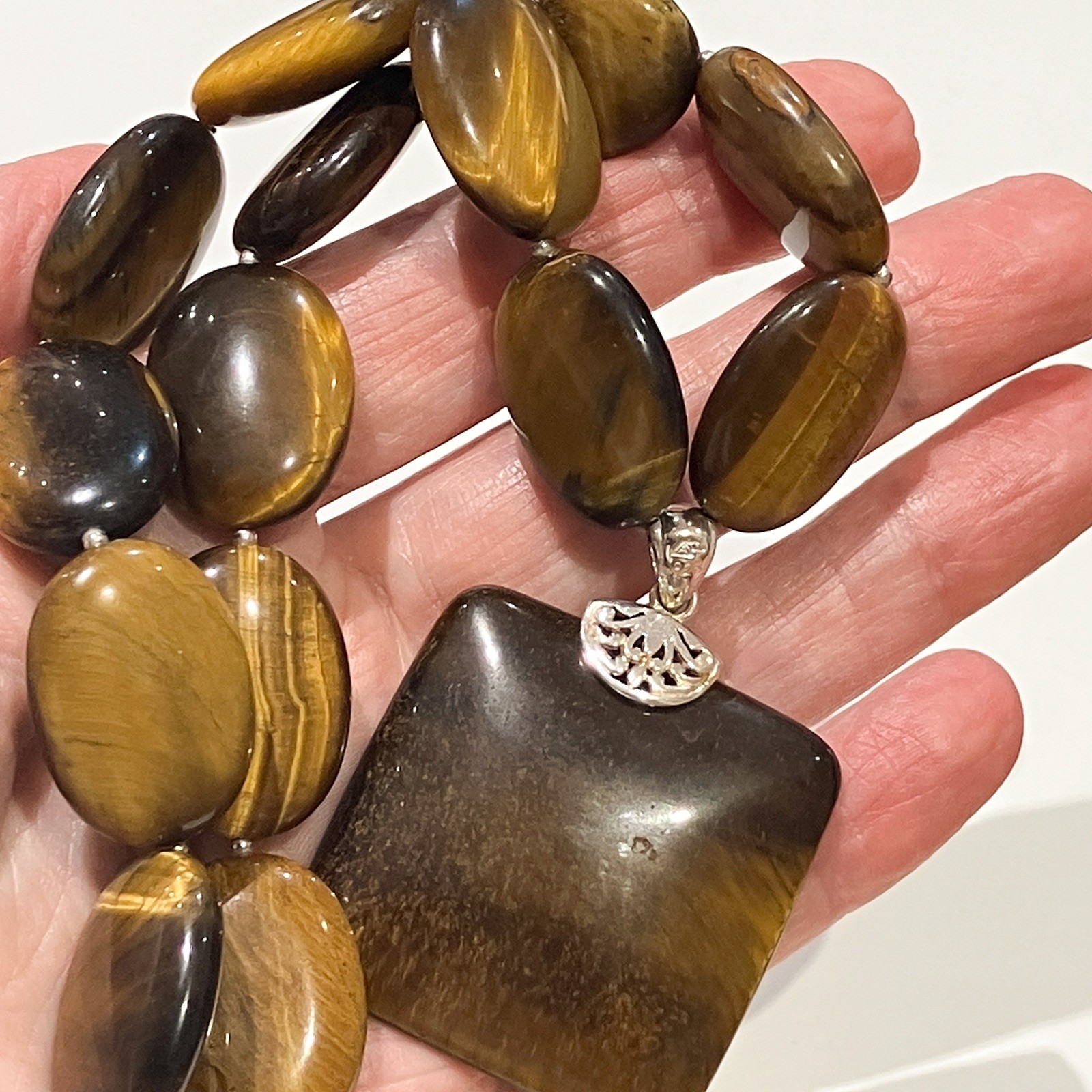 Vintage Aluma Tiger’s Eye Statement Necklace 925 Sterling Silver Signed AIL
