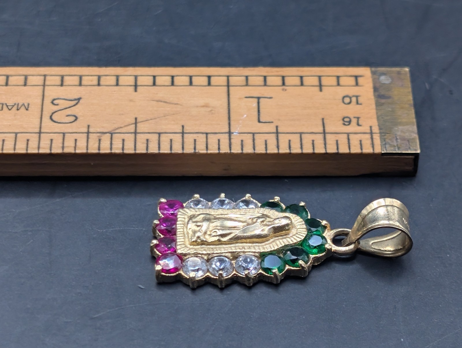 🔥 14K GOLD EMERALD RUBY & CZ VIRGIN MARY MEXICO COLORS PENDANT SIGNED 3.3 GRAMS