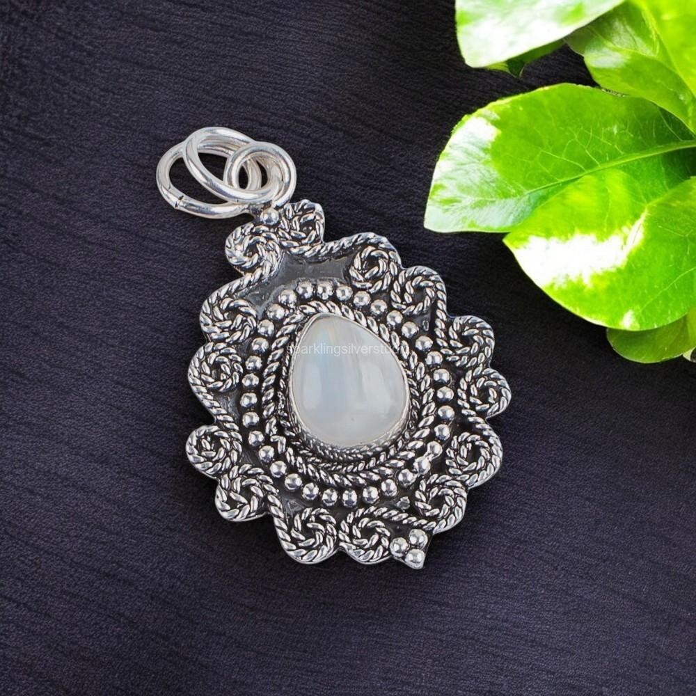 Rainbow Moonstone Gemstone Jewelry 925 Silver Handmade Pendant 1.55″ For Mother