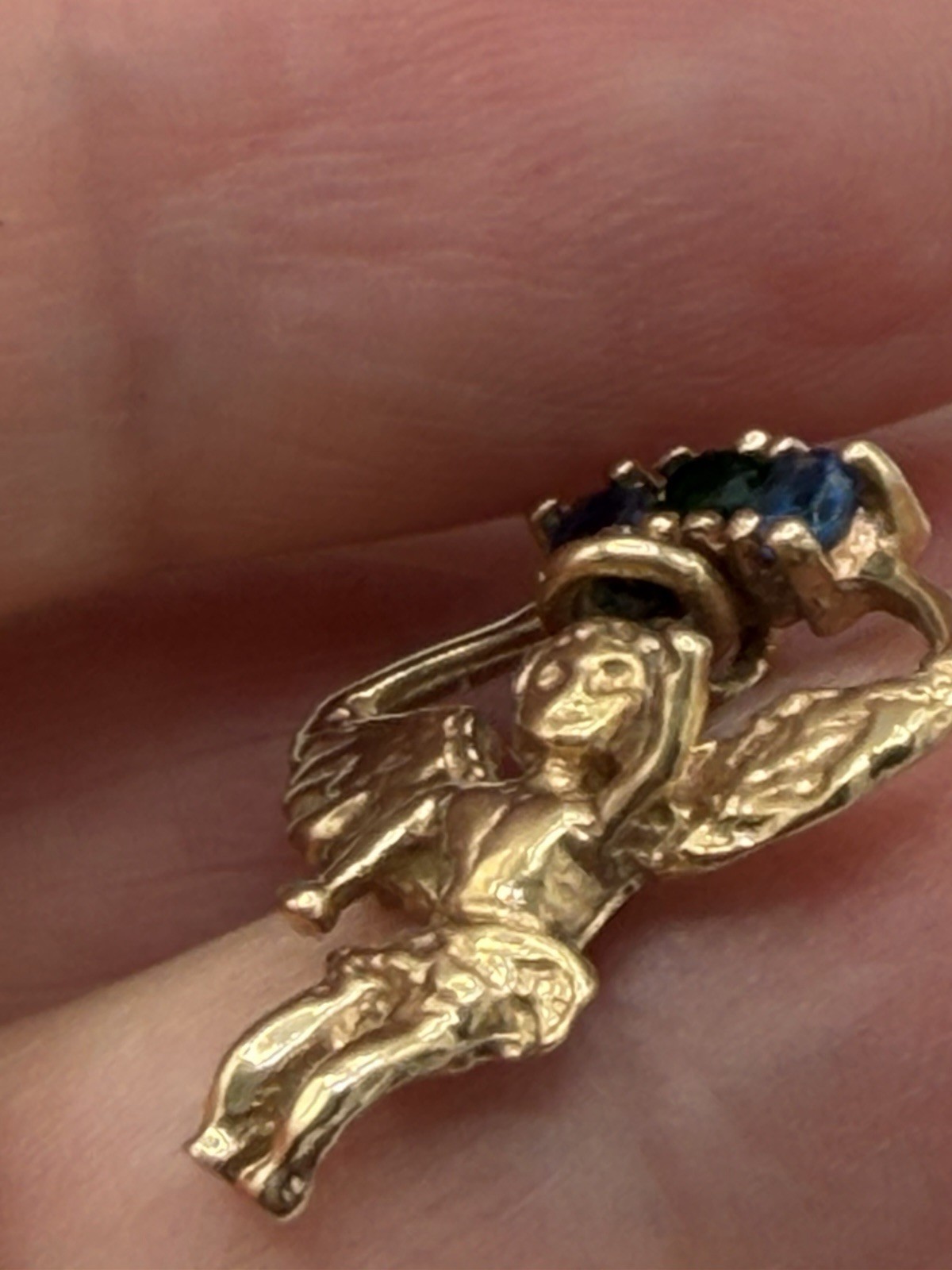 10k Yellow Gold Little Angel Charm Pendant Purple Green Blue Stones 1.8 grams