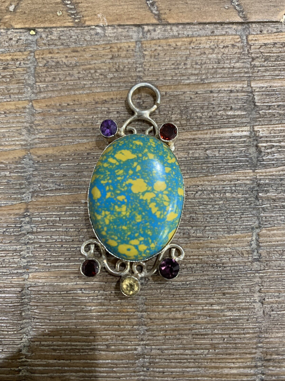 Sterling 925 Blue And Yellow Plastic Stone Pendent
