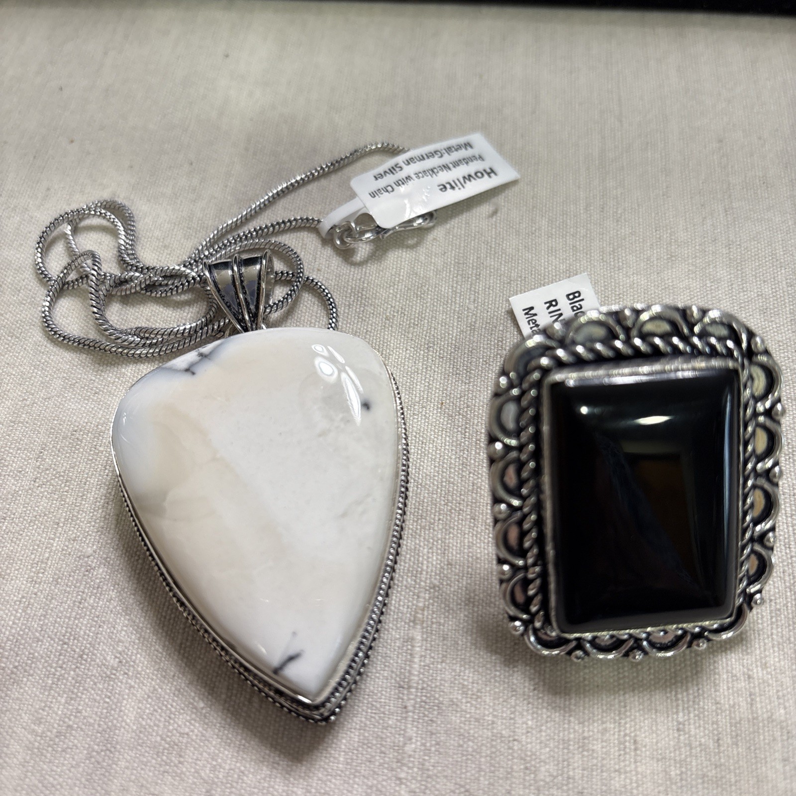 German silver Heart Howlite Pendant & Large Black Onyx Ring Lot of 2 New
