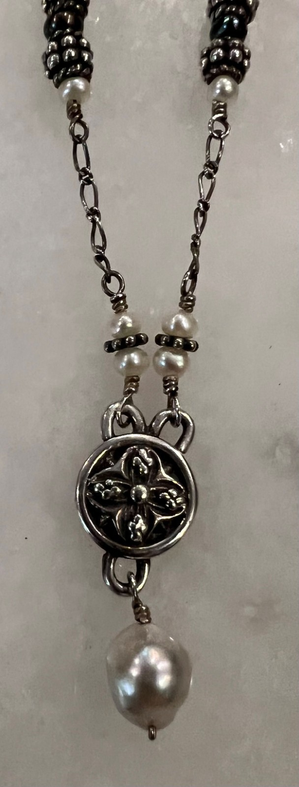 Mignon Faget Sterling Silver 925 Small Romanesque Medallion & Pearl Necklace