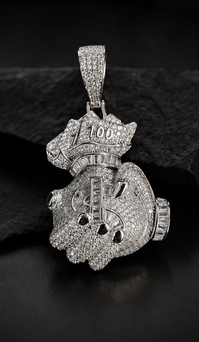 925 Sterling Silver CZ Money Bag Dollar Pendant 18.6 Gms- Barcode SZR045