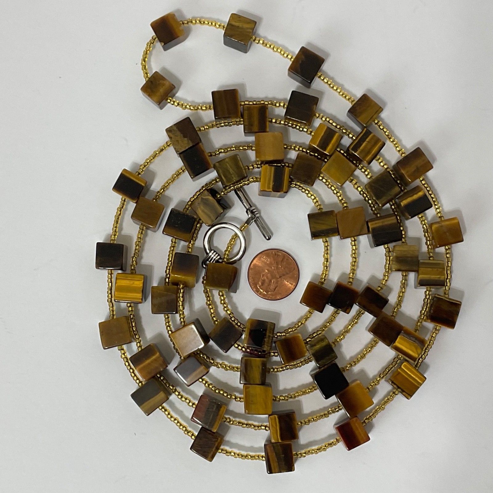 Genuine Tiger’s Eye Cube & Golden Bead Necklace Sterling Silver Toggle 64″ Long