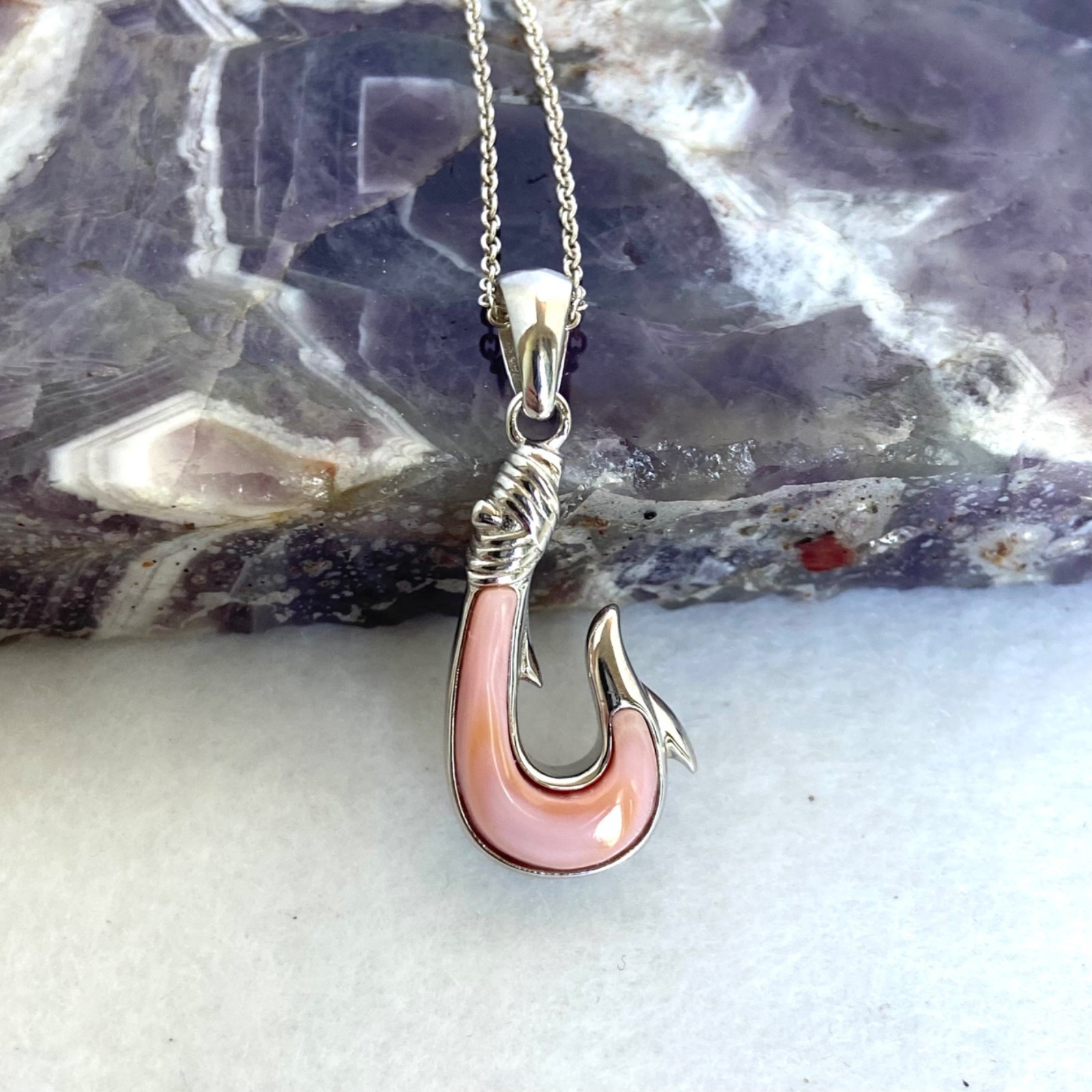 Sterling Silver 925 Pink Conch Maui Fish Hook Pendant Necklace 18″ Cable Chain