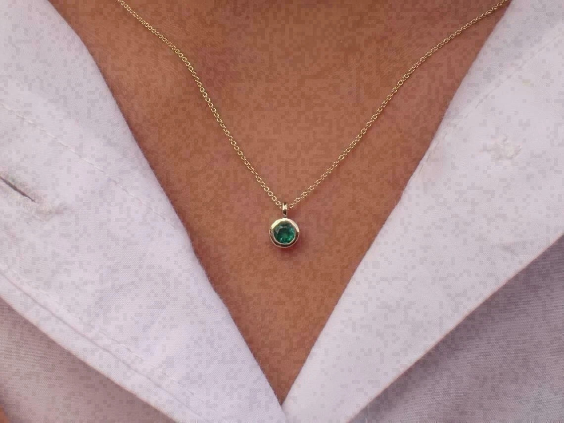 Round Cut Lab-Created Solitaire Emerald Pendant Necklace 14k Yellow Gold Plated