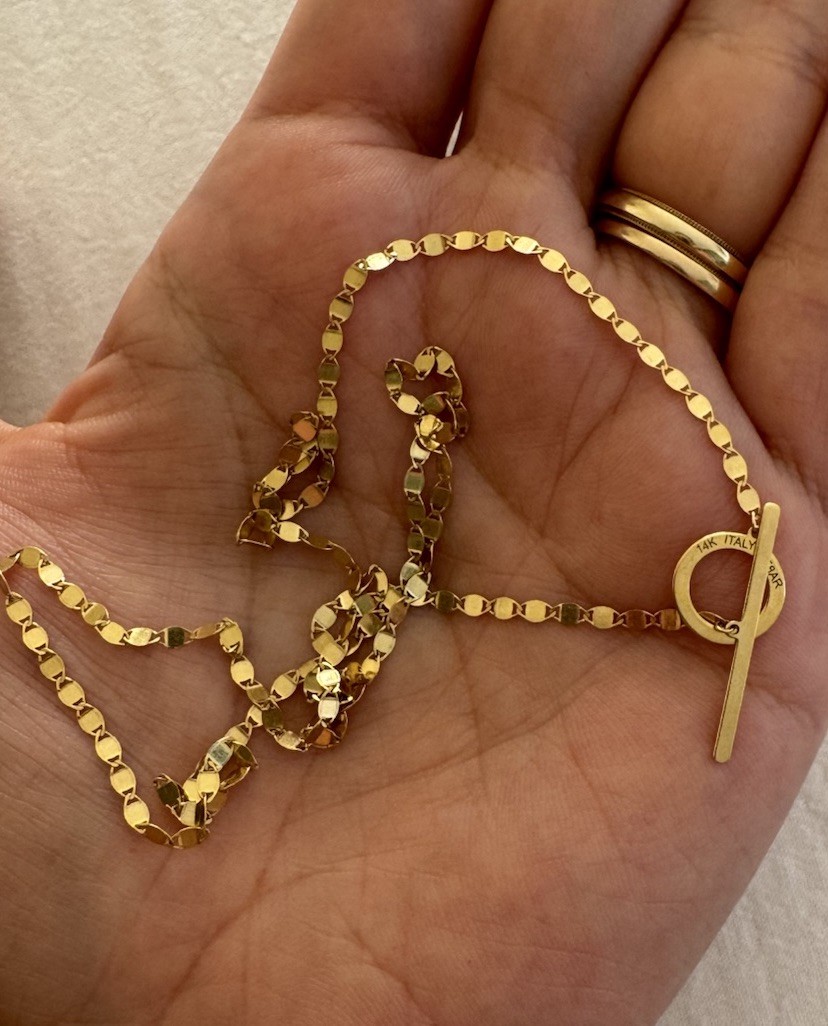 14K Solid Gold Italian Toggle Necklace 18” Disc Link Chain