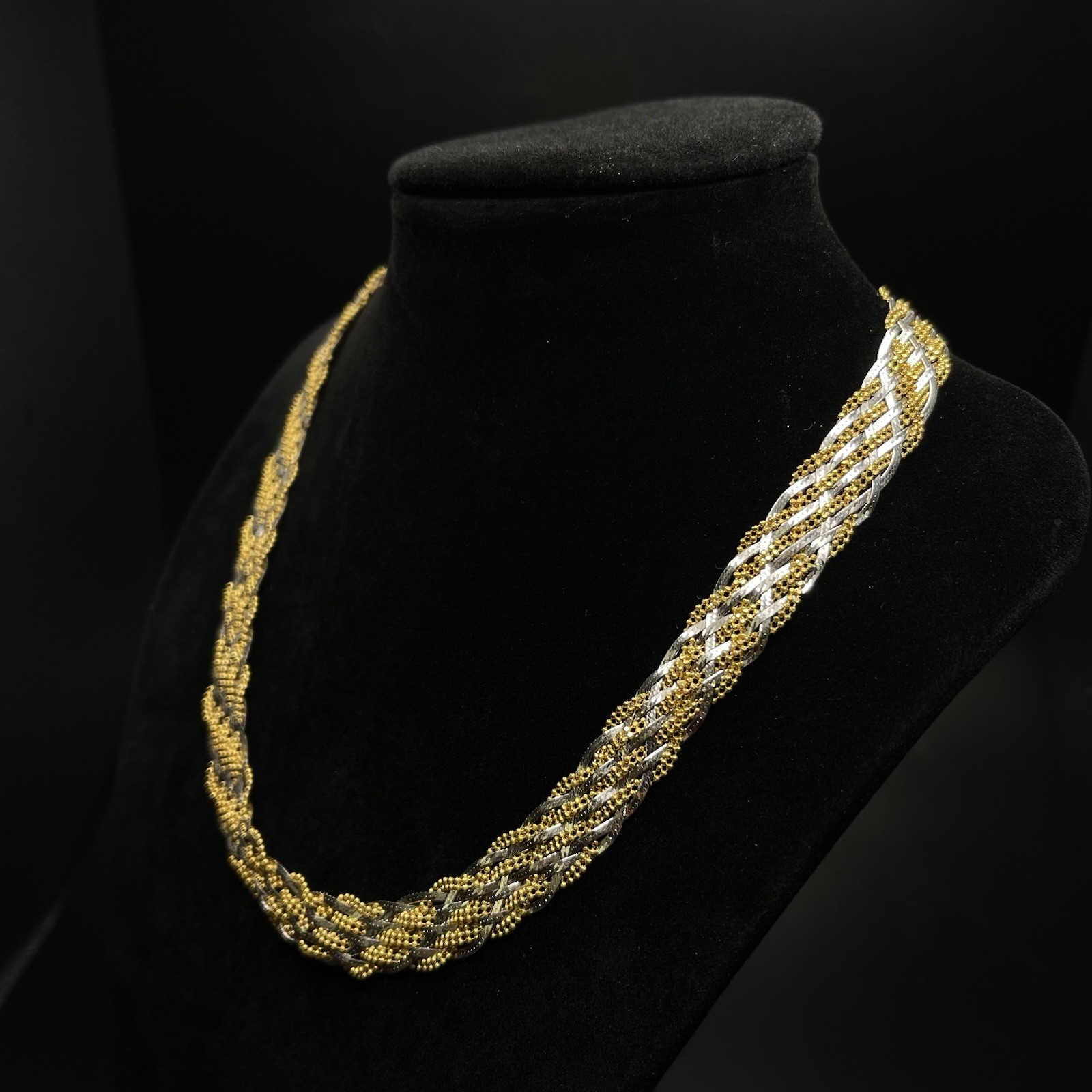 10K Yellow & White Gold Two-Tone Braided Herringbone Necklace 17” (21.1g)