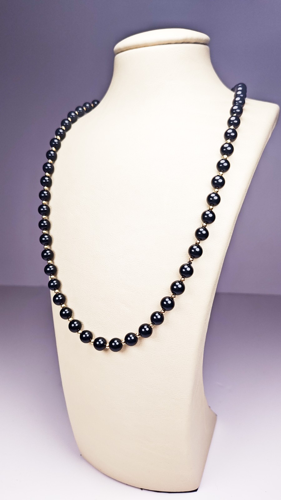 14K Yellow Gold Black Onyx Beaded Ball Necklace 29″ Long Estate 52.23g Vintage