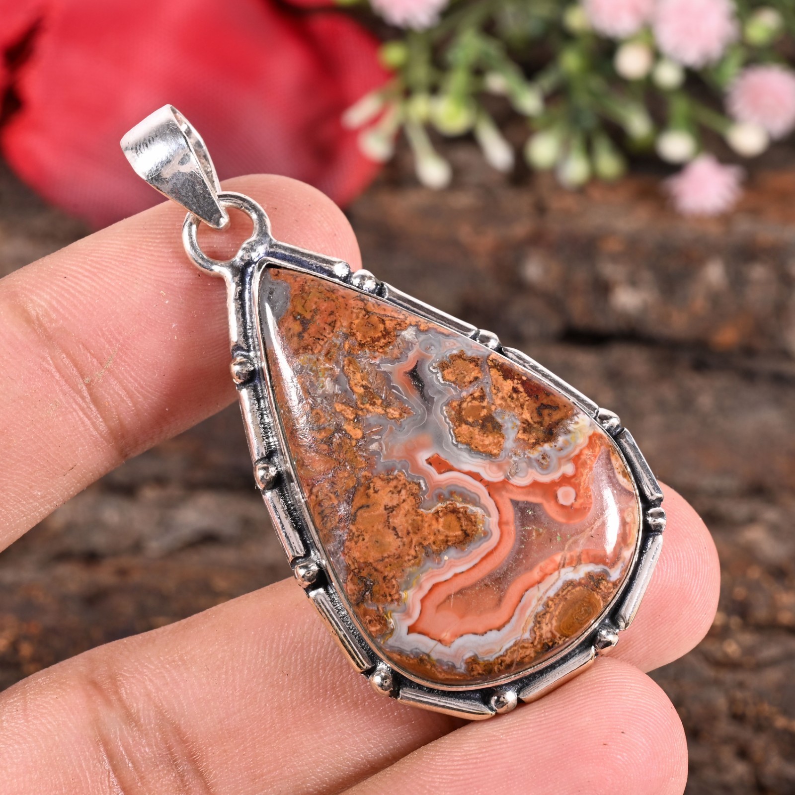 Natural Moroccan Seam Agate Gemstone Pendant Sterling Silver Jewelry 40X26X9 MM