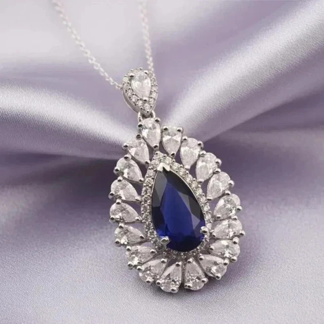 2.80Ct Pear Cut Lab-Created Blue Sapphire Women’s Pendant 14K White Gold Plated