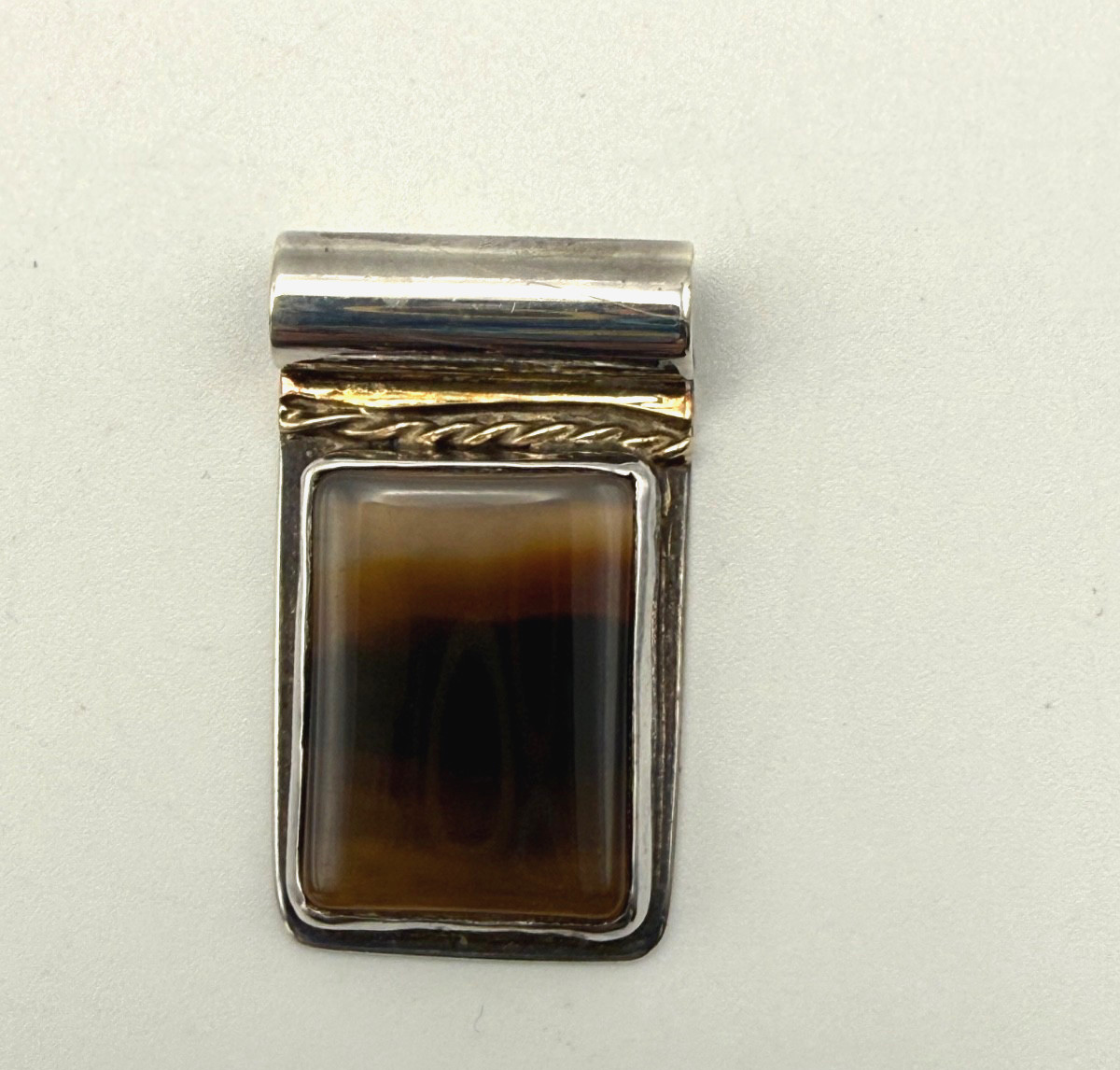Vintage Italy 14K Sterling Silver Banded Stone Slide Pendant Mixed Metal