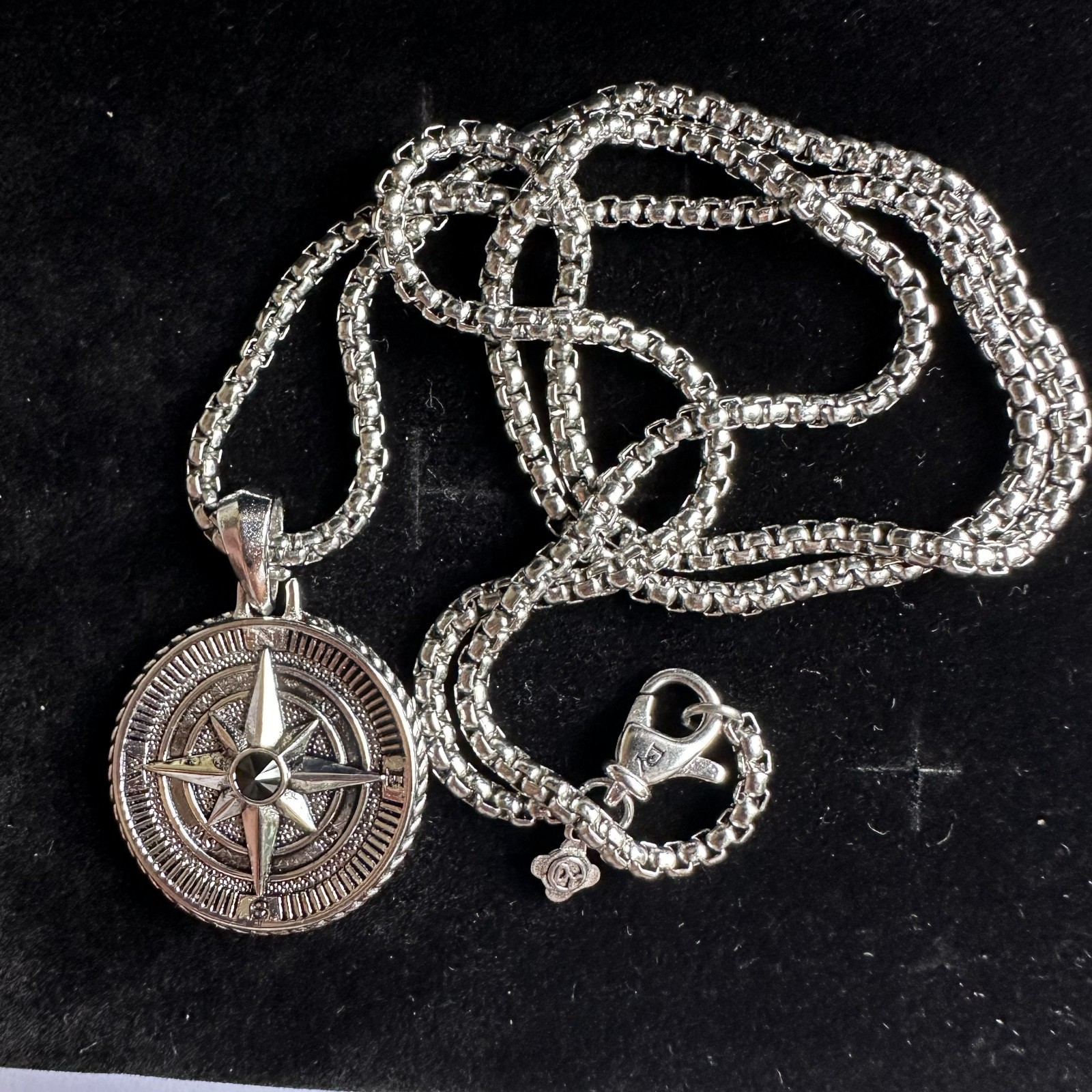 David Maritime Compass Amulet Sterling Silver with Center Black Diamond