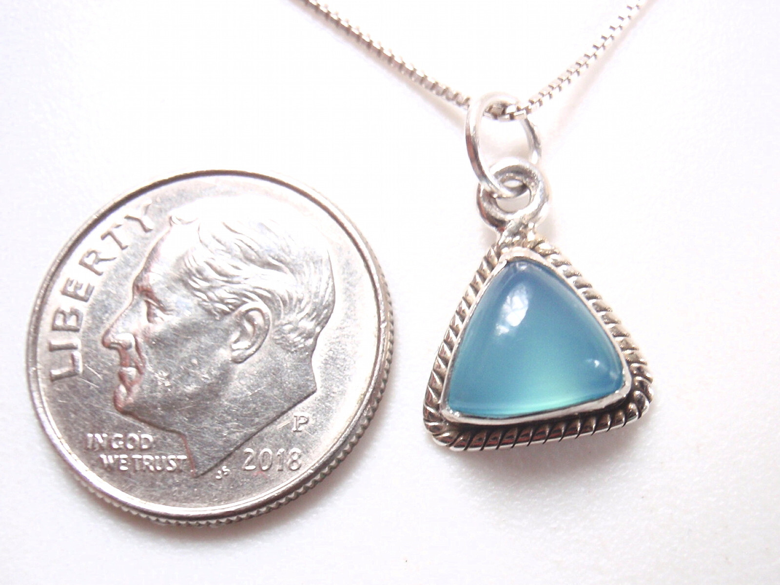 Very Small Chalcedony Triangle w/ Rope Style Accents 925 Sterling Silver Pendant