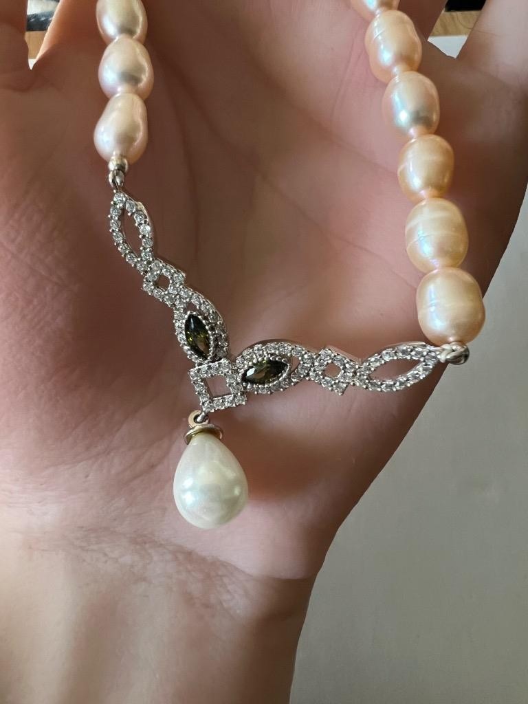 REAL PERIDOT Pearl SAPPHIRE 14K W Gold on SOLID 925 Drop Necklace PINK Victorian