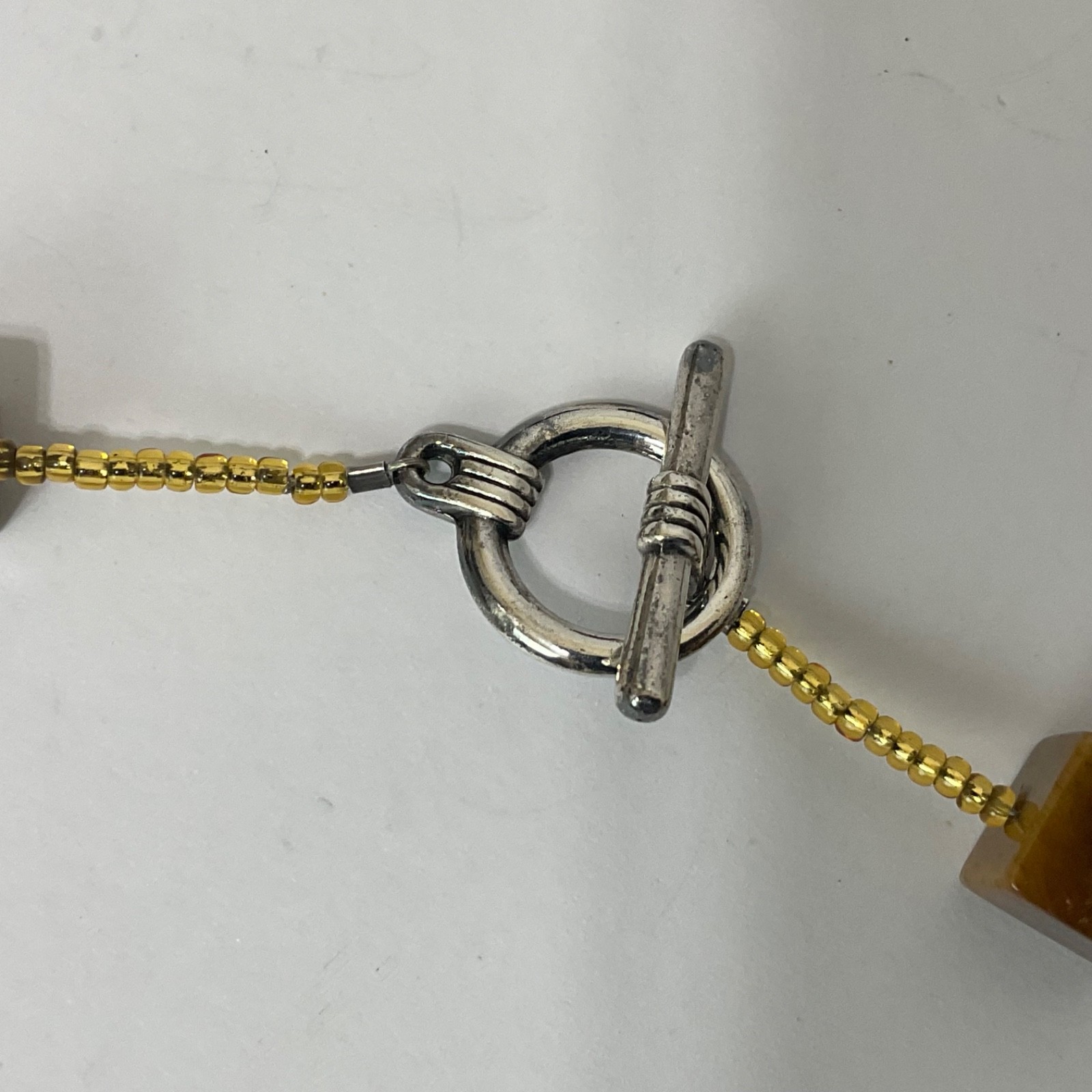 Genuine Tiger’s Eye Cube & Golden Bead Necklace Sterling Silver Toggle 64″ Long