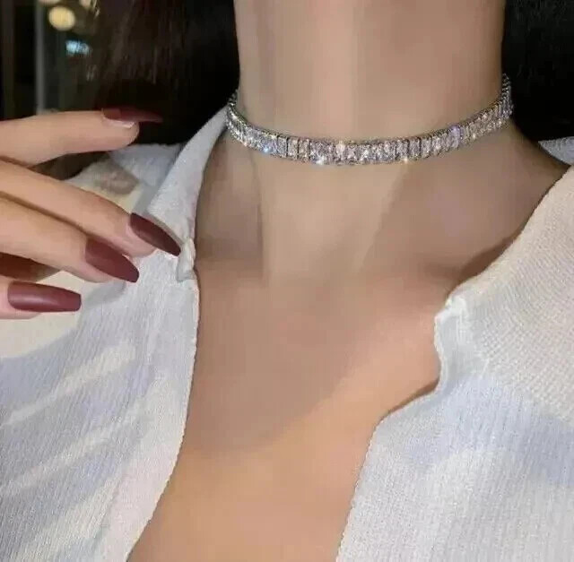 20Ct Emerald Cut Lab-Created Diamond Choker Necklace 14K White Gold Plated 18”