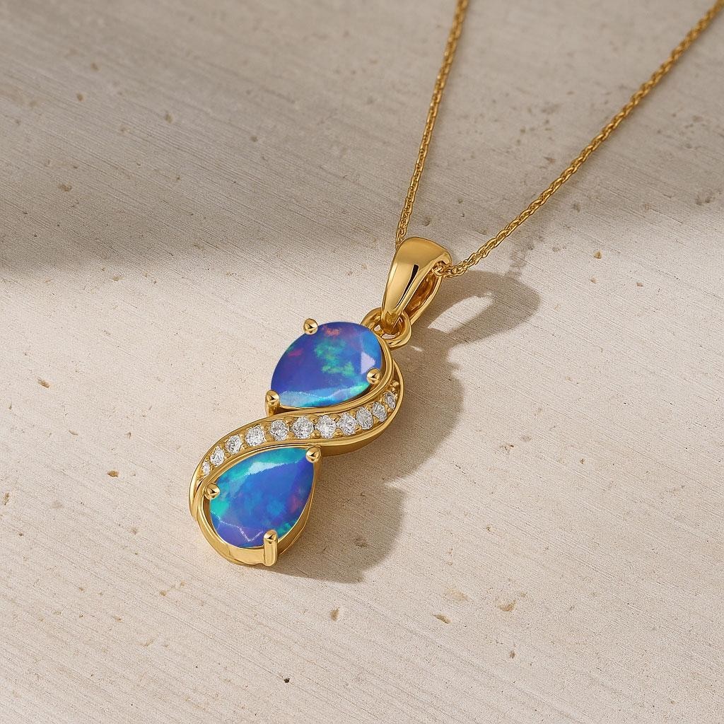 Fire Blue Opal Dual Pear Gemstone Charm Gold Pendant, Genuine Opal Chain Pendant