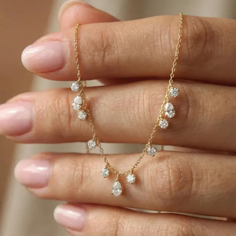 Pear Cut Lab Grown Diamond Drop Necklace 14K Yellow Gold Beautiful Gift For Her