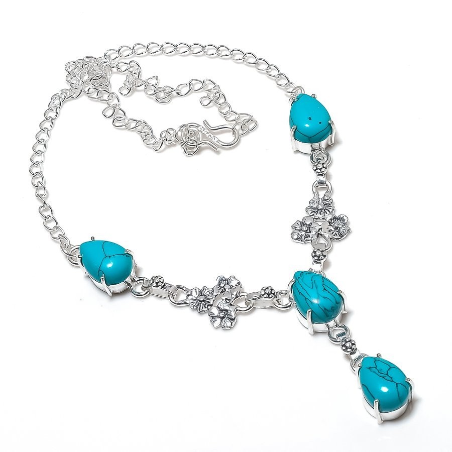 Green Turquoise Gemstone Handmade 925 Sterling Silver Jewelry Necklace Size 18″