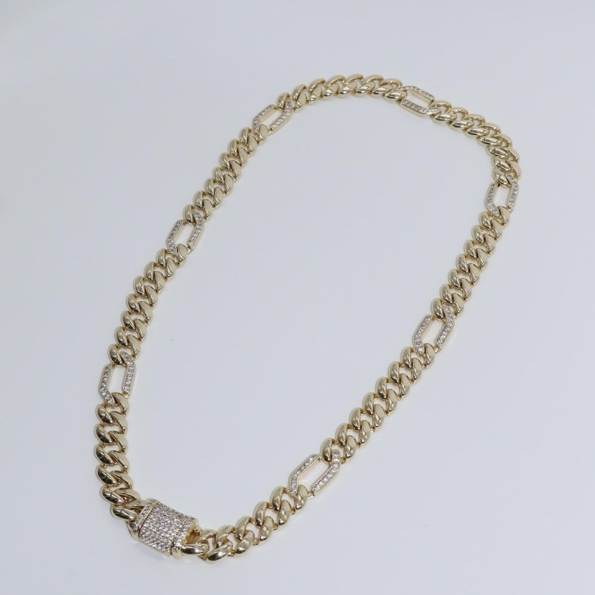 Gold-Tone Curb Link Chain Necklace Clear Round Crystal Pavé Box Clasp