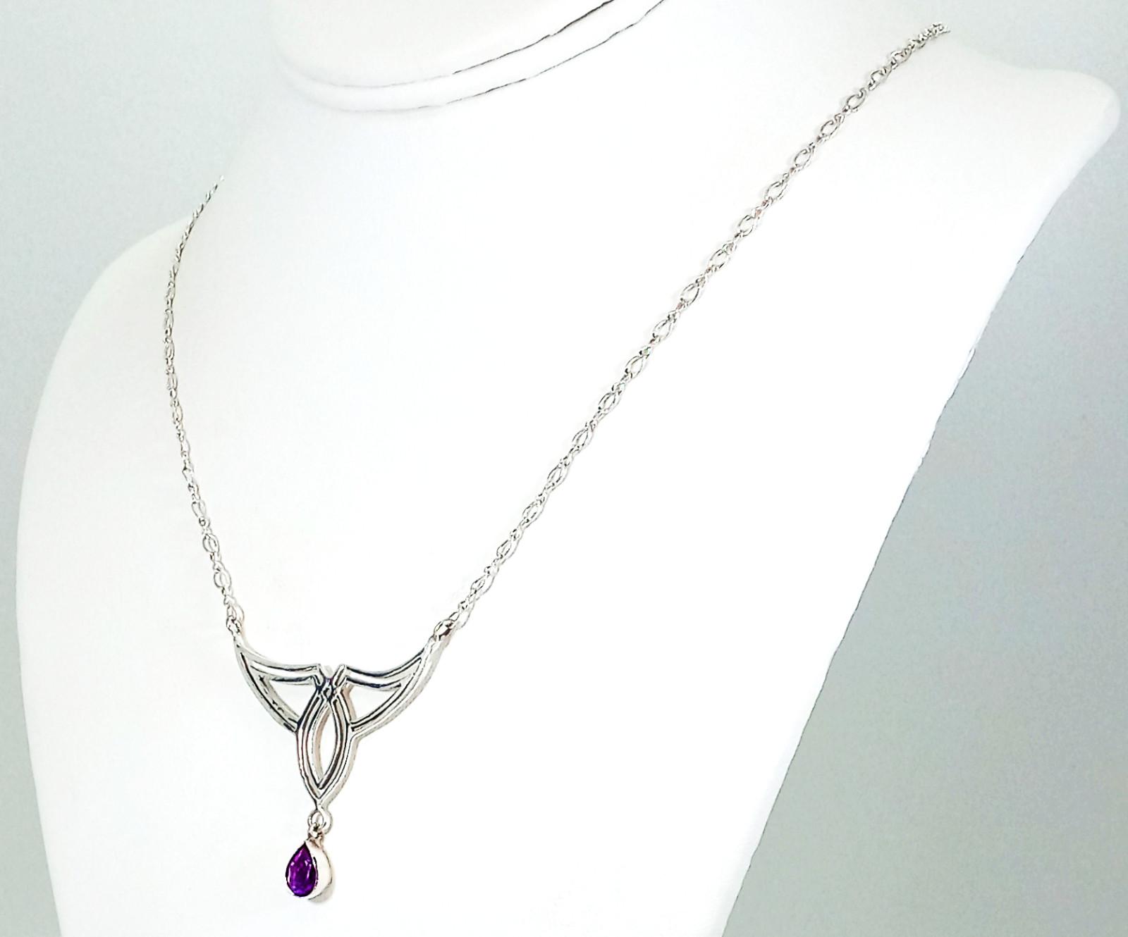 Vintage 925 Sterling Silver Amethyst Teardrop Openwork Celtic Knotwork Necklace
