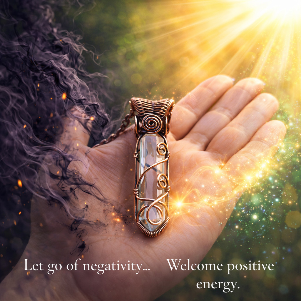 Handmade Clear Quartz Healing Crystal Necklace Copper Wire Wrapped Pendant