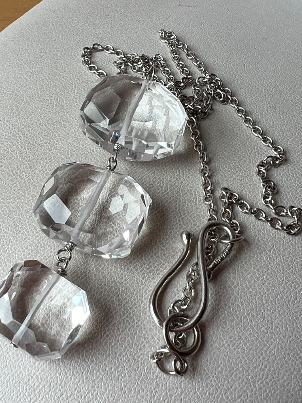 ARTISAN ROCK CRYSTAL CLEAR COLORLESS QUARTZ LONG NECKLACE 925 STERLING DESIGNER