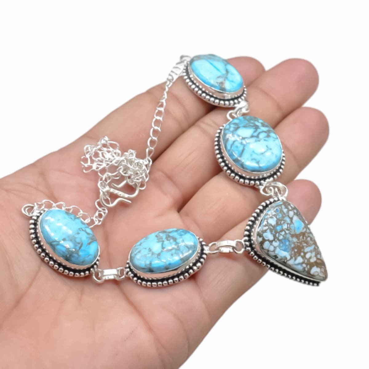Natural Turquoise Gemstone Necklace 925 Sterling Silver Jewelry S-18″ Women Gift