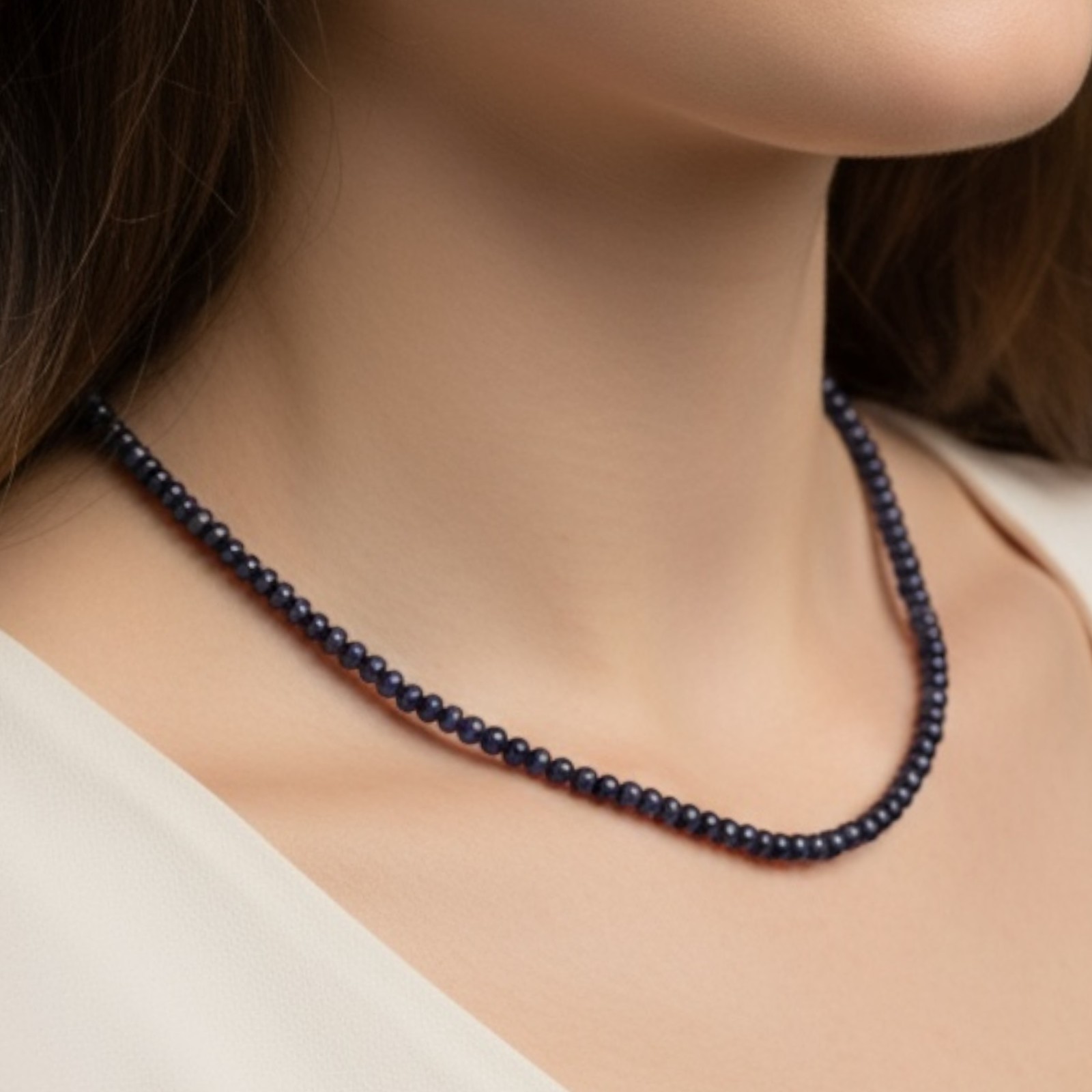 Single Strand Natural Blue Sapphire Necklace 3-6mm Cabochon Beads 925 Clasp