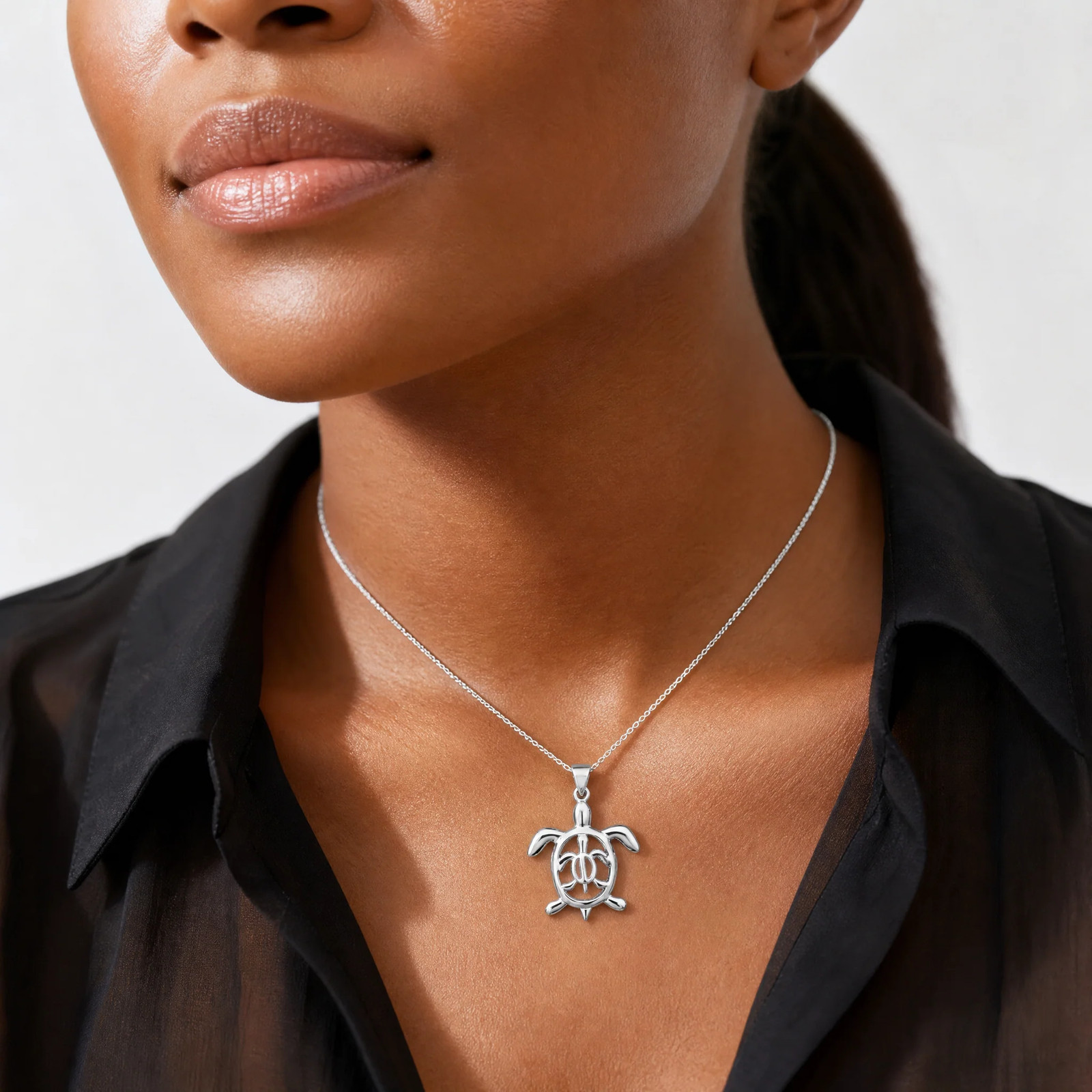 Sterling Silver Rhodium-Plated Cut Out Mother & Baby Turtle Pendant