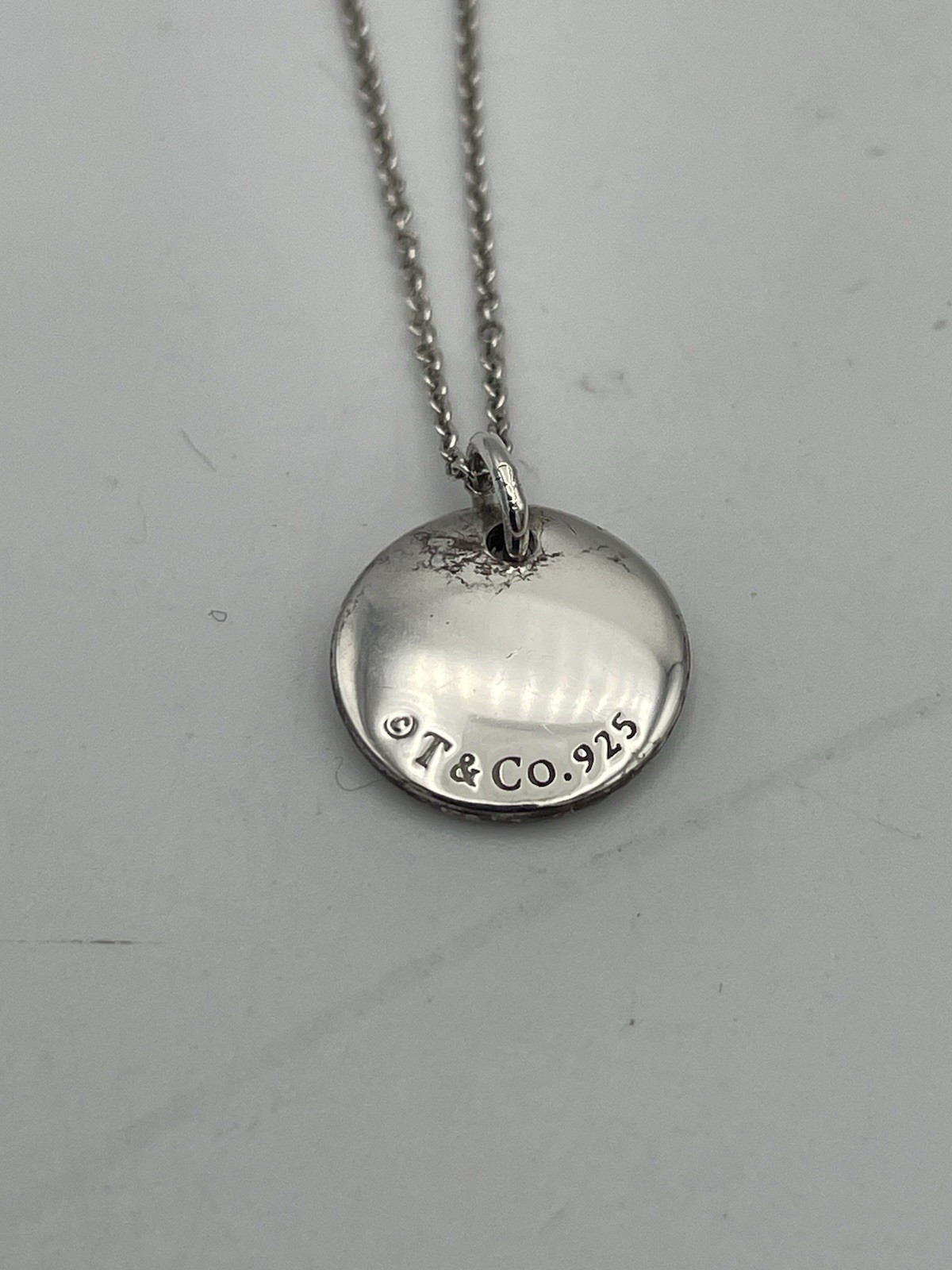 Tiffany & Co. Notes Initial Letter M Disc Pendant Necklace Sterling Silver 16″