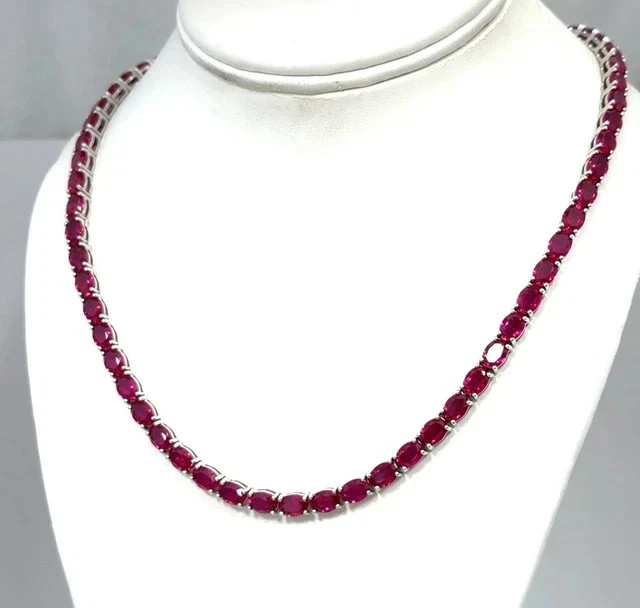 20Ctw Oval Cut Lab-Created Ruby Women’s Tennis Necklace 14k White Gold Plated