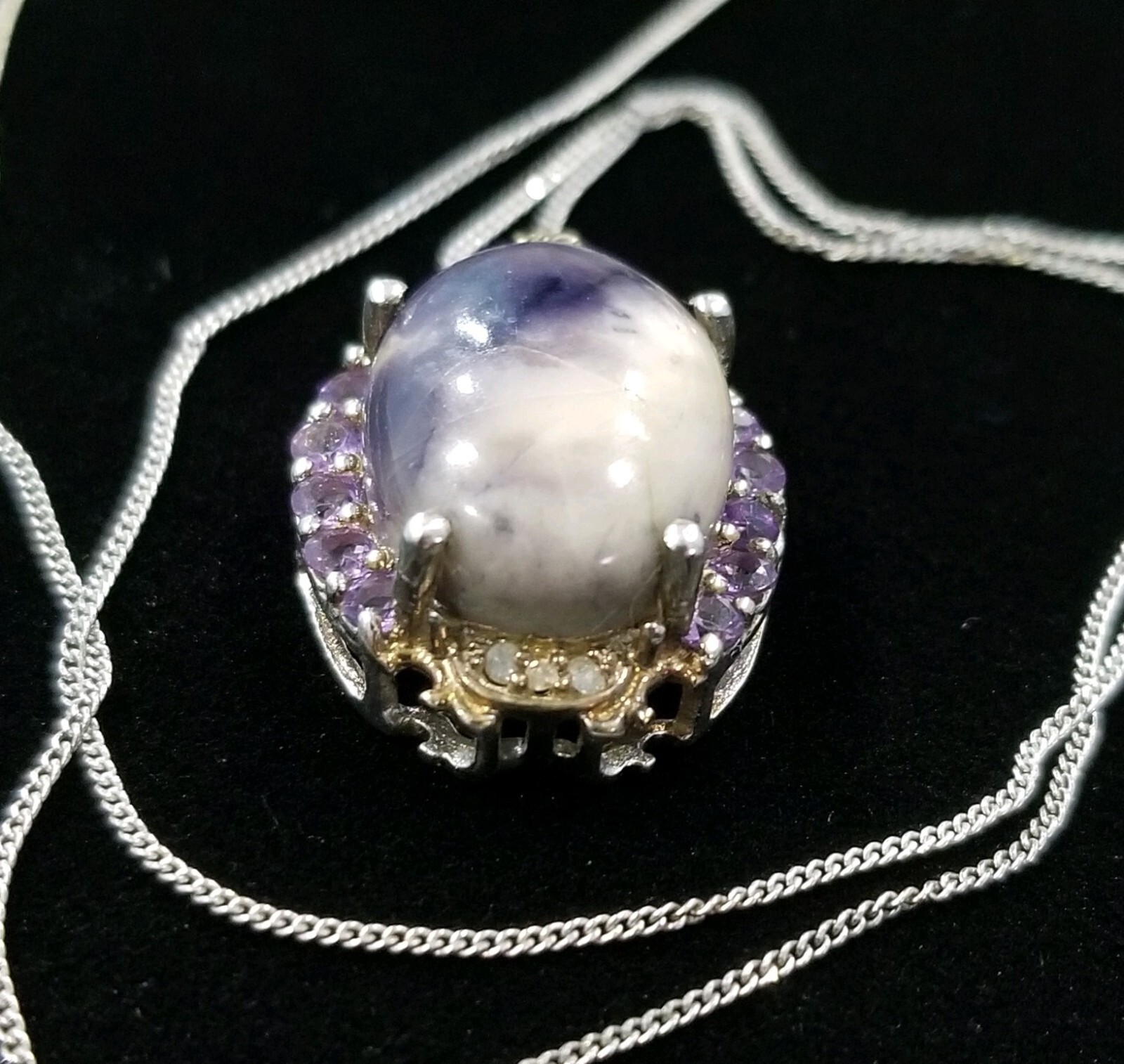 STS Sterling Silver Multiple Amethyst & Gemstone Pendant Necklace 925 10 Inches