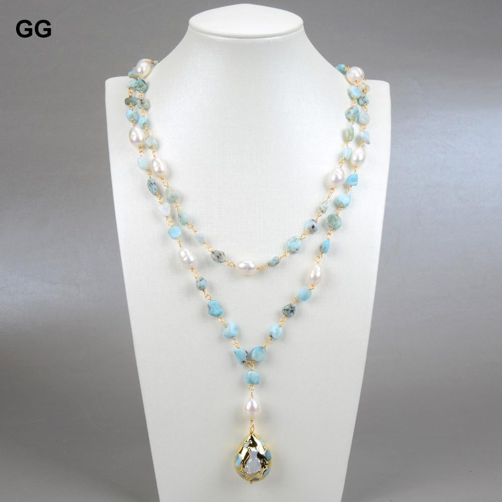 Blue Larimar Pearl Necklace Gold Plated Statement 21in Freshwater Women