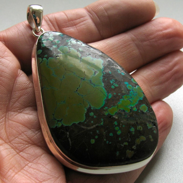 Very Large, Asymmetrical, Natural Turquoise Pendant Set in Sterling Silver