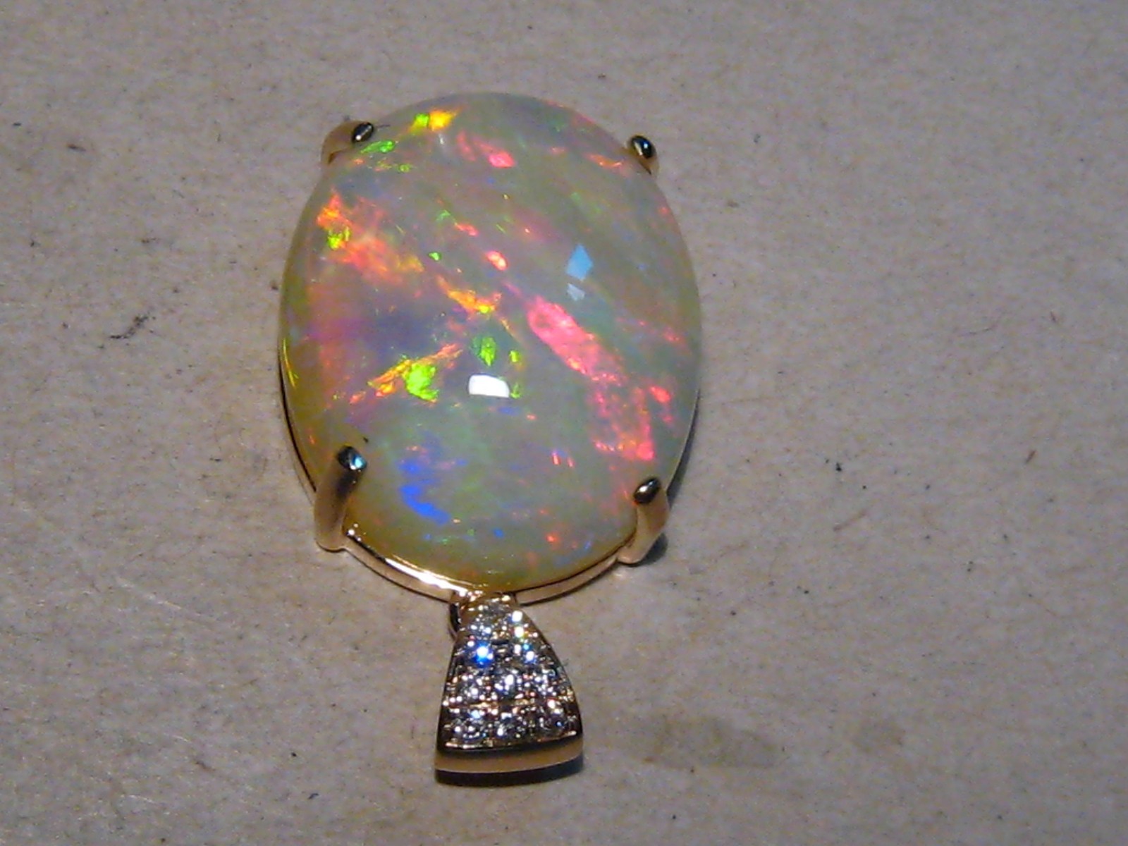 Large 25 ct Welo Opal & Diamond Pendant , Solid 14 k Gold , Brightness 5+