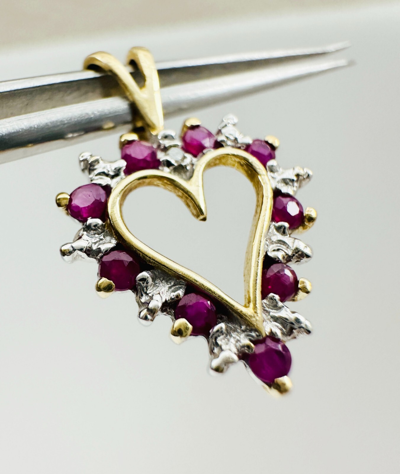 Estate 10K Multi-Tone Gold Ruby w/Diamond Accent Small Heart Pendant 19x13mm