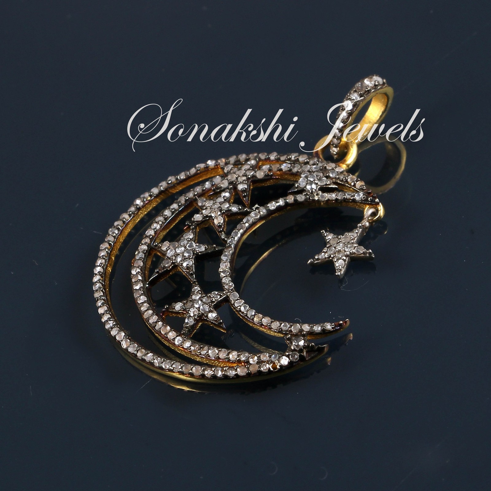 Rose Cut Diamond Moon Star Pendant: Handmade 925 Sterling Silver Pendent