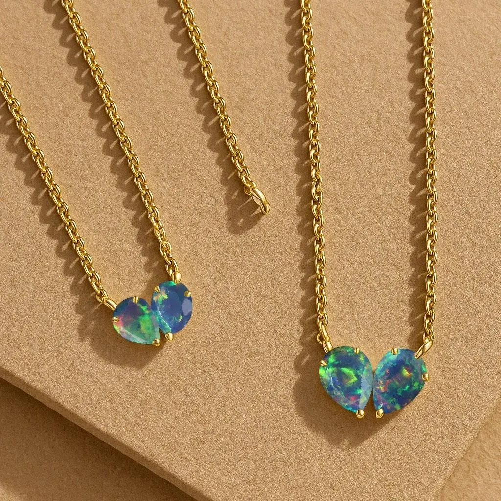 AAA Black Opal Dual Pear Gemstone Pendant, Natural Opal Chain Pendant Necklace
