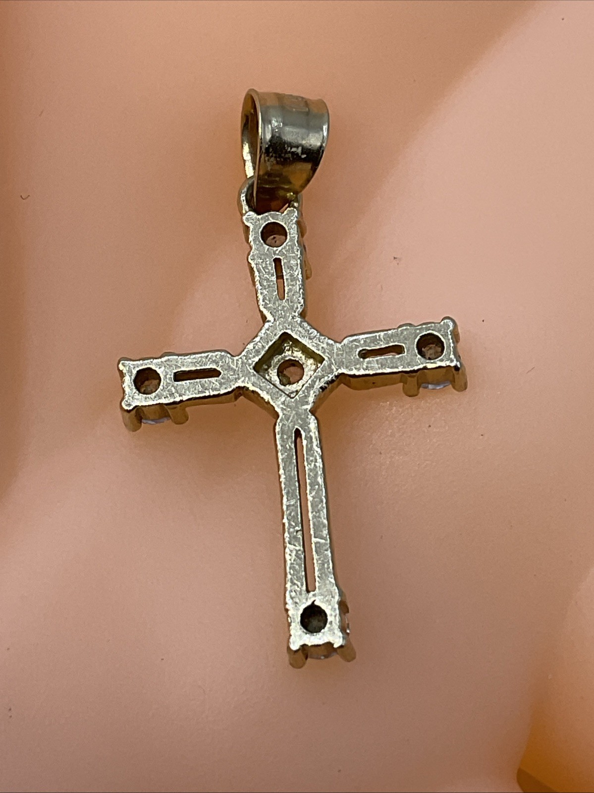 CROSS Charm Pendant (30mm x 17mm) Solid 13K Yellow Gold White CZ HANDMADE 2gr.