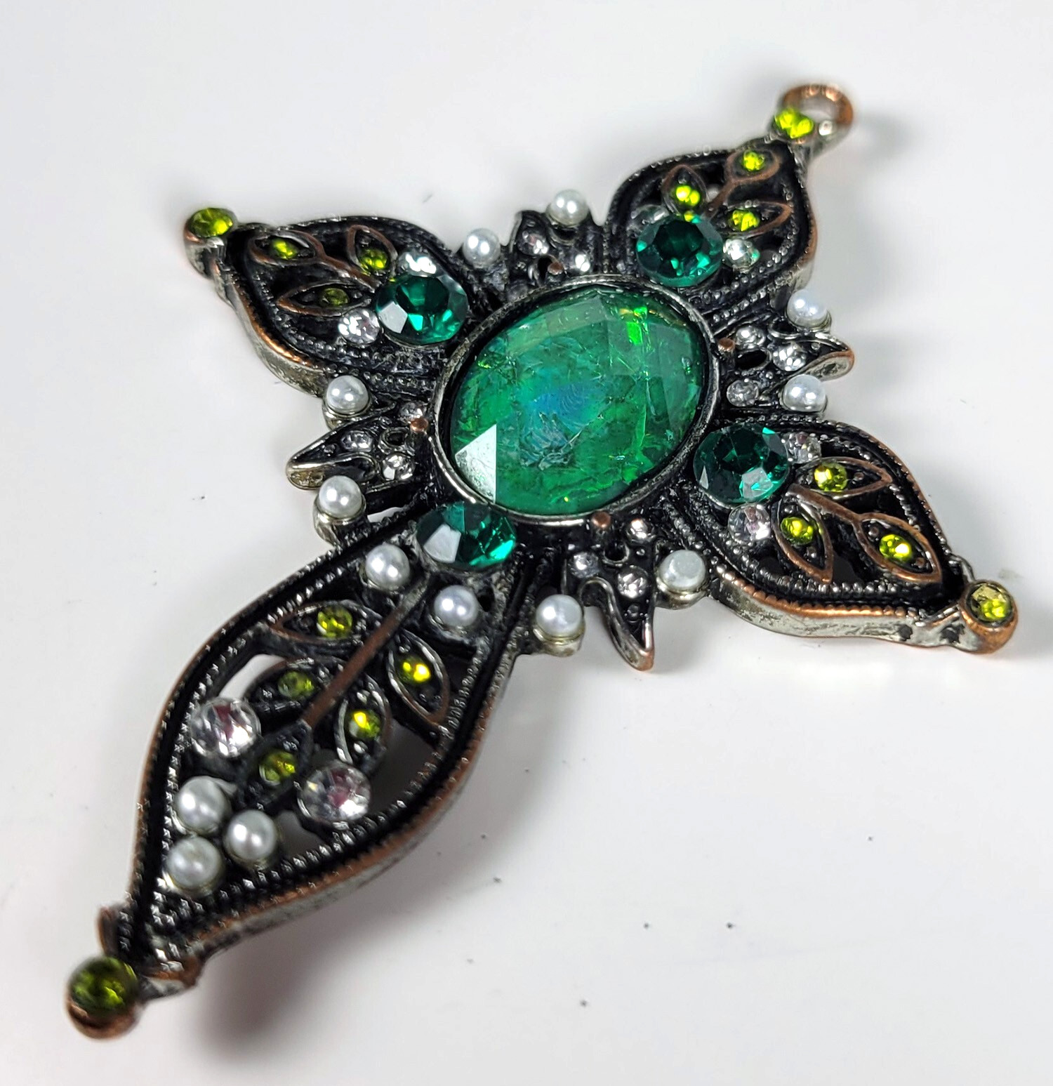 Cross Pendant with Opalescent Green Stone and Faux Pearls – 2 inches Very Good