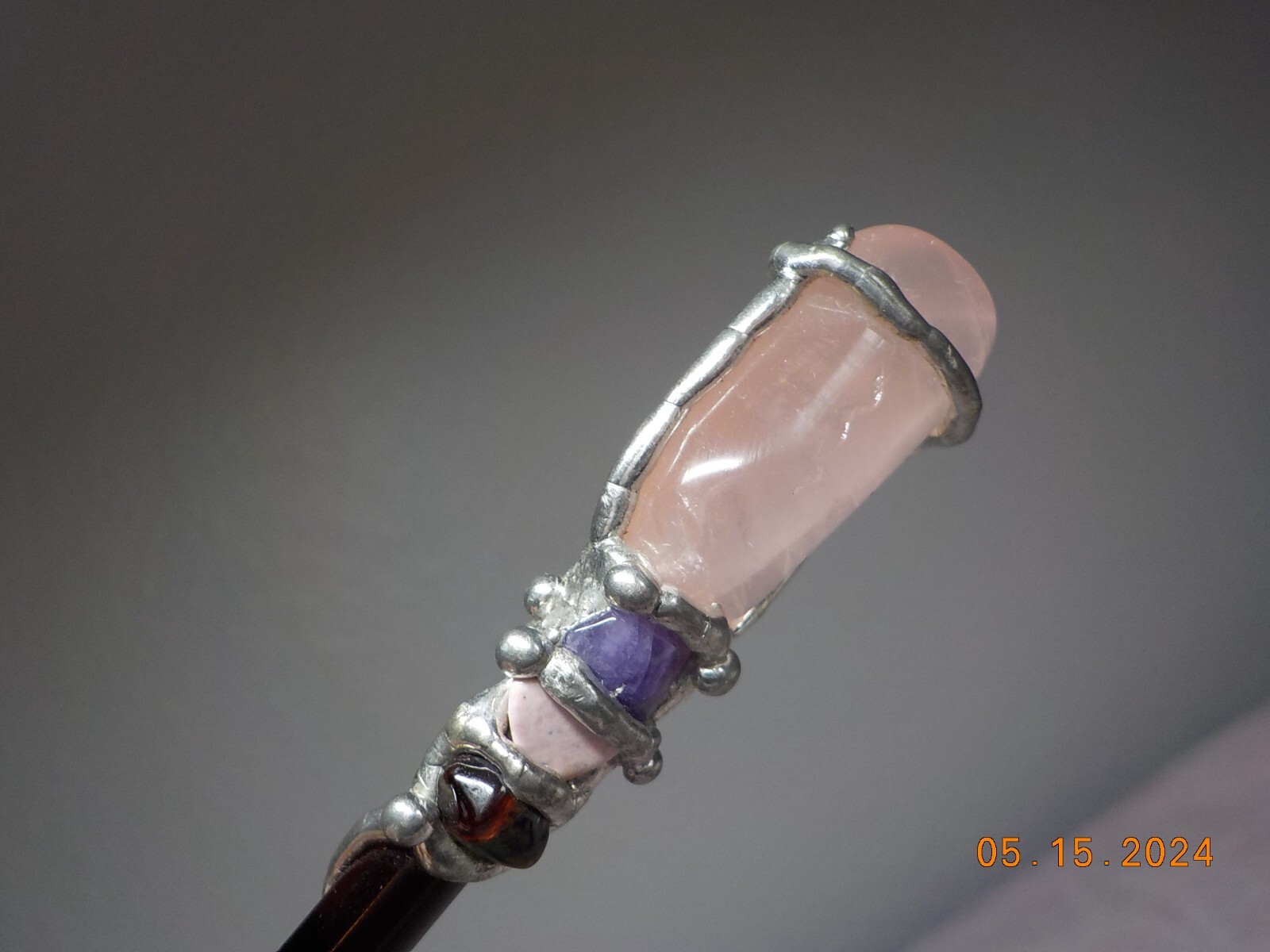 STERLING SILVER WRAPPED AMETHYST/QUARTZ CLEAR POINT/PINK QTZ HEALING WAND/STICK