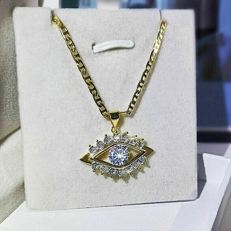 2Ct Round Cut Moissanite Evil Eye Pendant 14k Yellow Gold Plated Cable Chain 18″