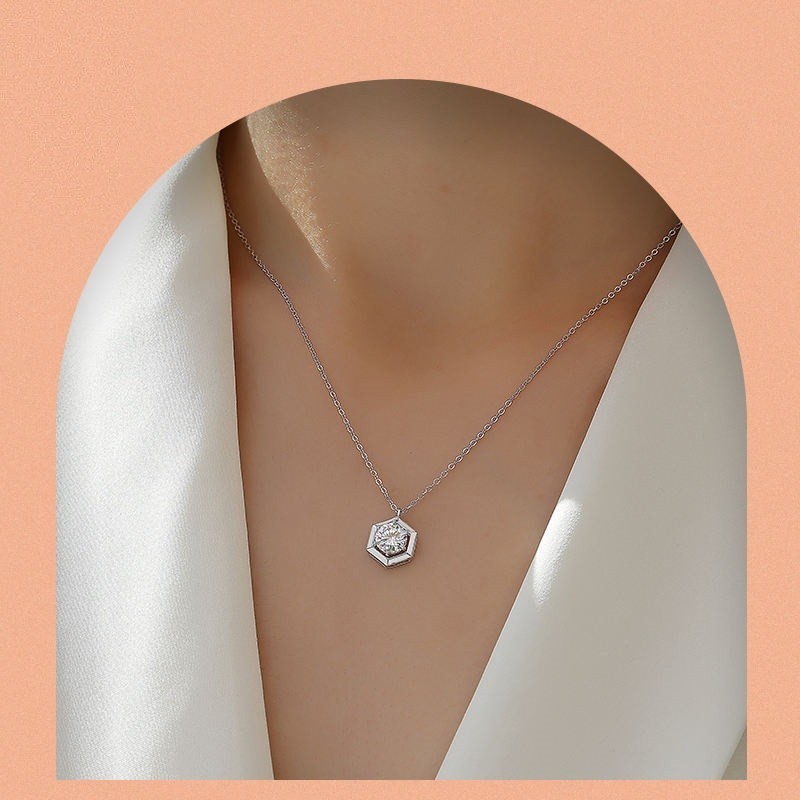 Round Shape Moissanite Hexagon Minimalist Trendy Solitaire Pendant Gift For Her