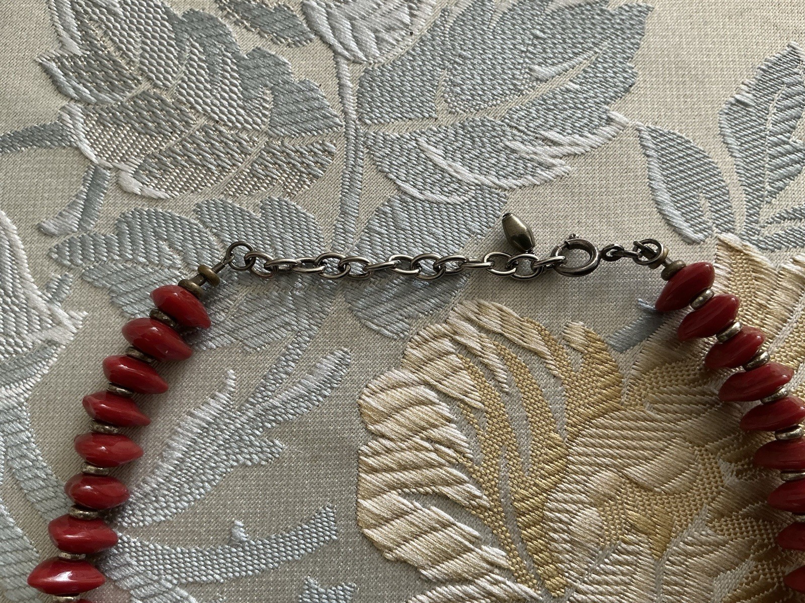 Faux Red Coral And Sterling Beaded Necklace Choker Collar Length 14.25”-16.25”